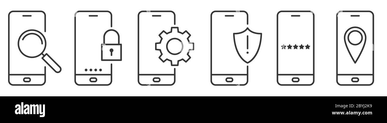 Icônes de téléphone. Ensemble d'icônes de téléphone linéaire. Téléphones noirs isolés. Illustration vectorielle des smartphones sur fond blanc. Illustration de Vecteur