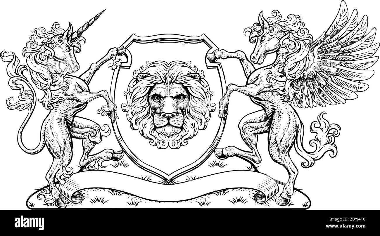 Écusson Pegasus Unicorn Coat of Arms Lion Shield Illustration de Vecteur