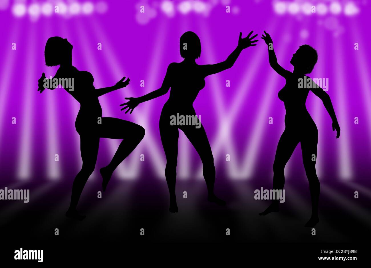 Silhouettes dansantes pour filles avec des spots blancs sur fond violet Banque D'Images