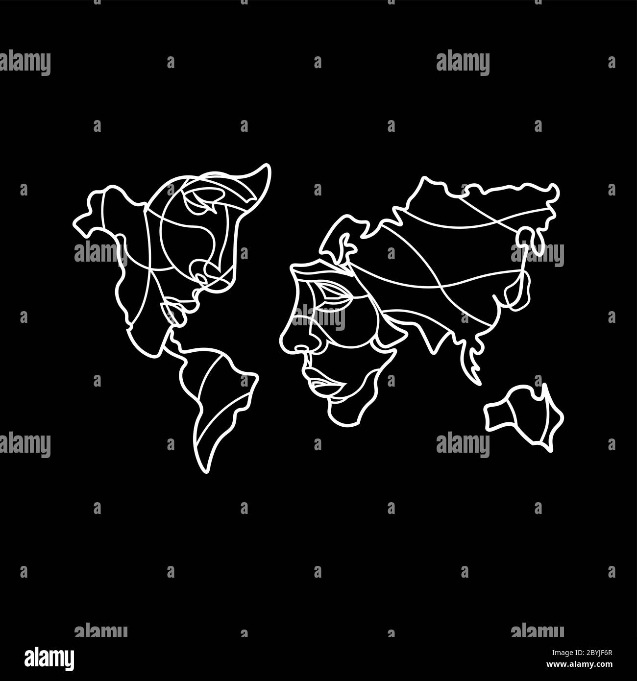 Carte du monde avec icône visages en blanc sur un arrière-plan noir ...