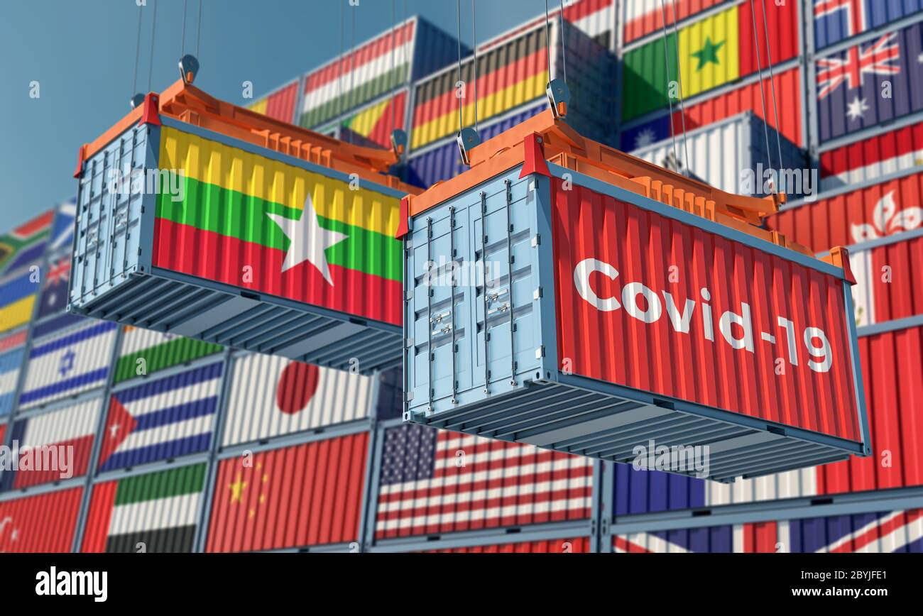 Contenant avec le texte Covid-19 du coronavirus sur le côté et contenant avec le drapeau du Myanmar. Concept de commerce international propagation du virus Corona. Banque D'Images