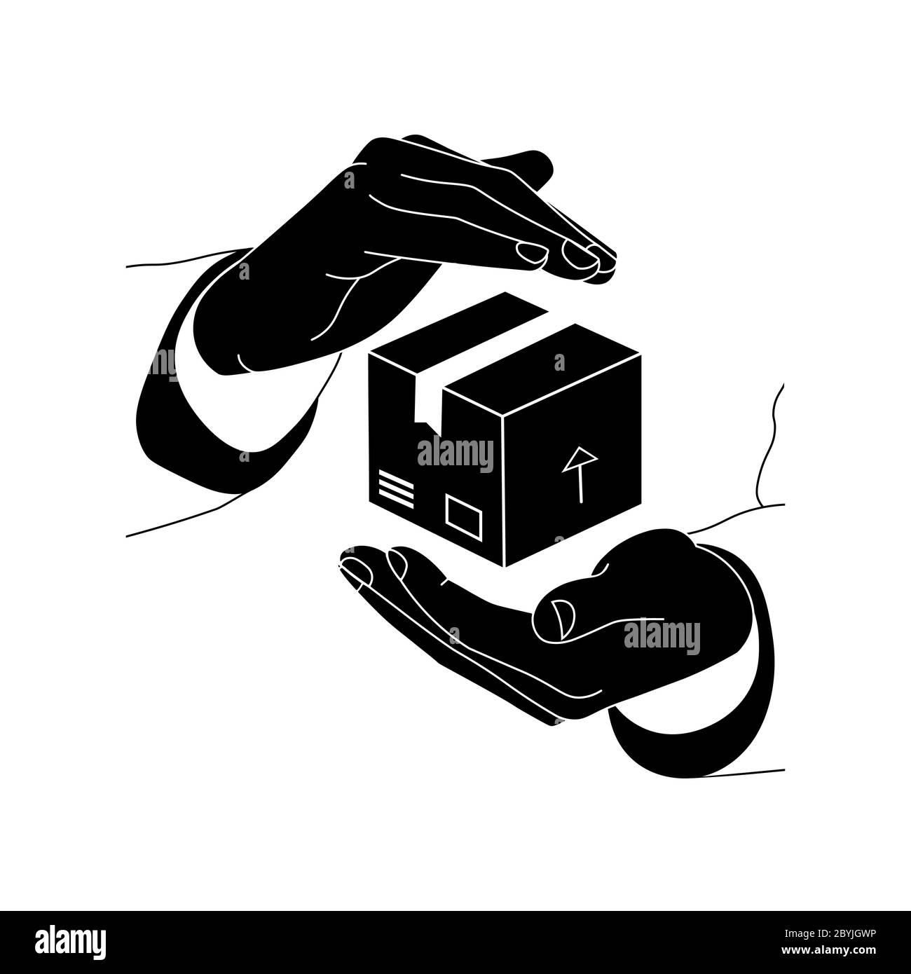 Mains tenant une boîte, un paquet, logo plat de l'icône de parcelle en noir sur un fond blanc isolé. Vecteur EPS 10 Illustration de Vecteur