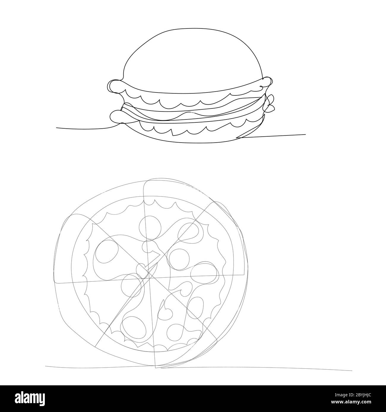 vector, fond blanc, pizza à dessin continu et hamburger Illustration de Vecteur