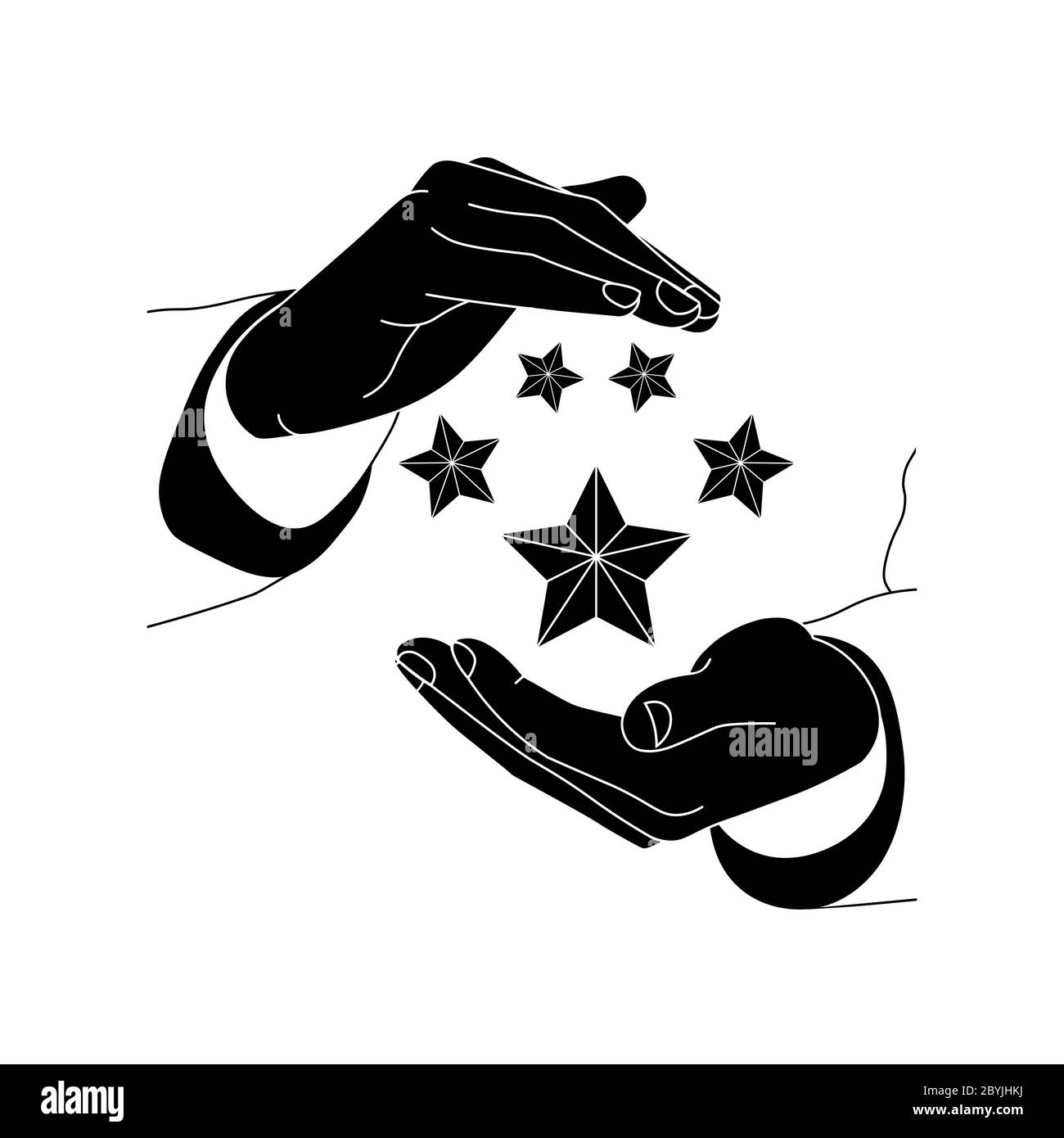 Mains tenant un produit classé cinq étoiles, logo plat d'icône de qualité supérieure en noir sur fond blanc isolé. Vecteur EPS 10 Illustration de Vecteur