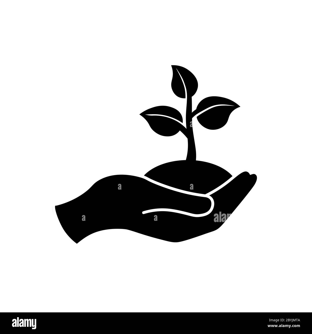 Main tenant des plantules avec des feuilles ou de la paume avec sprint, icône écologique en noir sur un fond blanc isolé. Vecteur EPS 10 Illustration de Vecteur