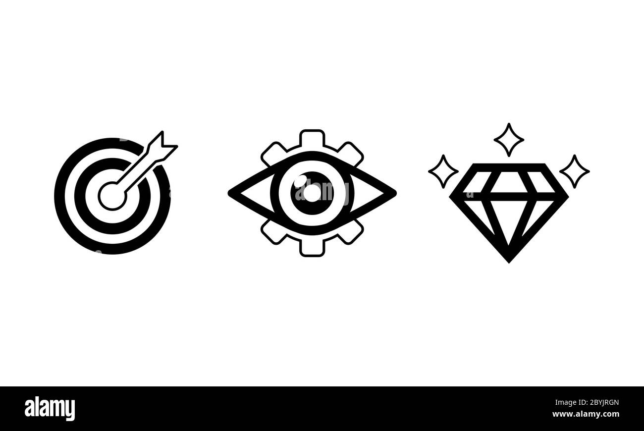 Mission, vision, valeurs ensemble d'icônes ou objectif d'affaires et logo de soin en noir design concept sur un fond blanc isolé. Vecteur EPS 10. Illustration de Vecteur