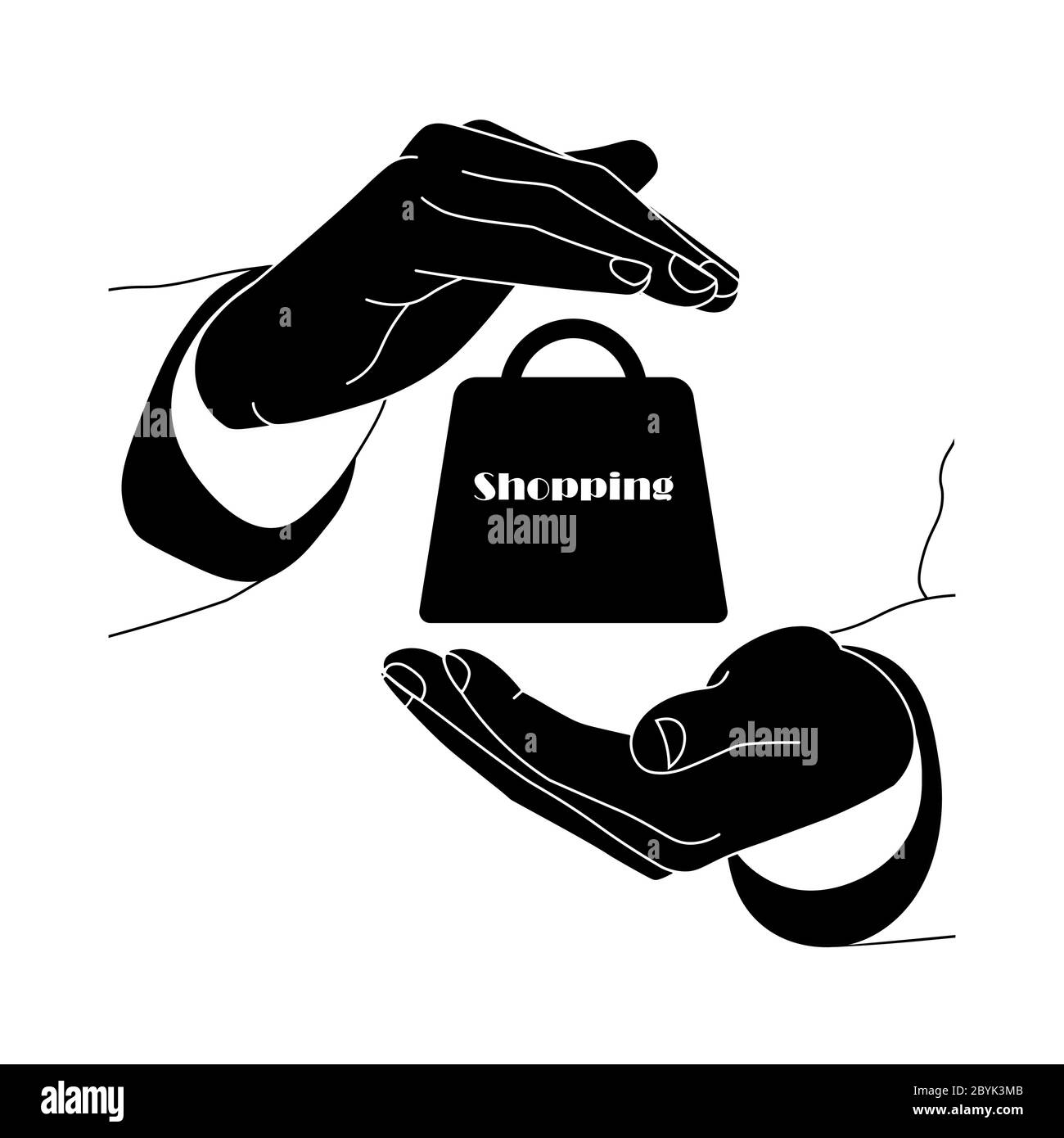 Mains tenant un paquet ou un logo plat d'icône de shopping en noir sur fond blanc isolé. Vecteur EPS 10. Illustration de Vecteur