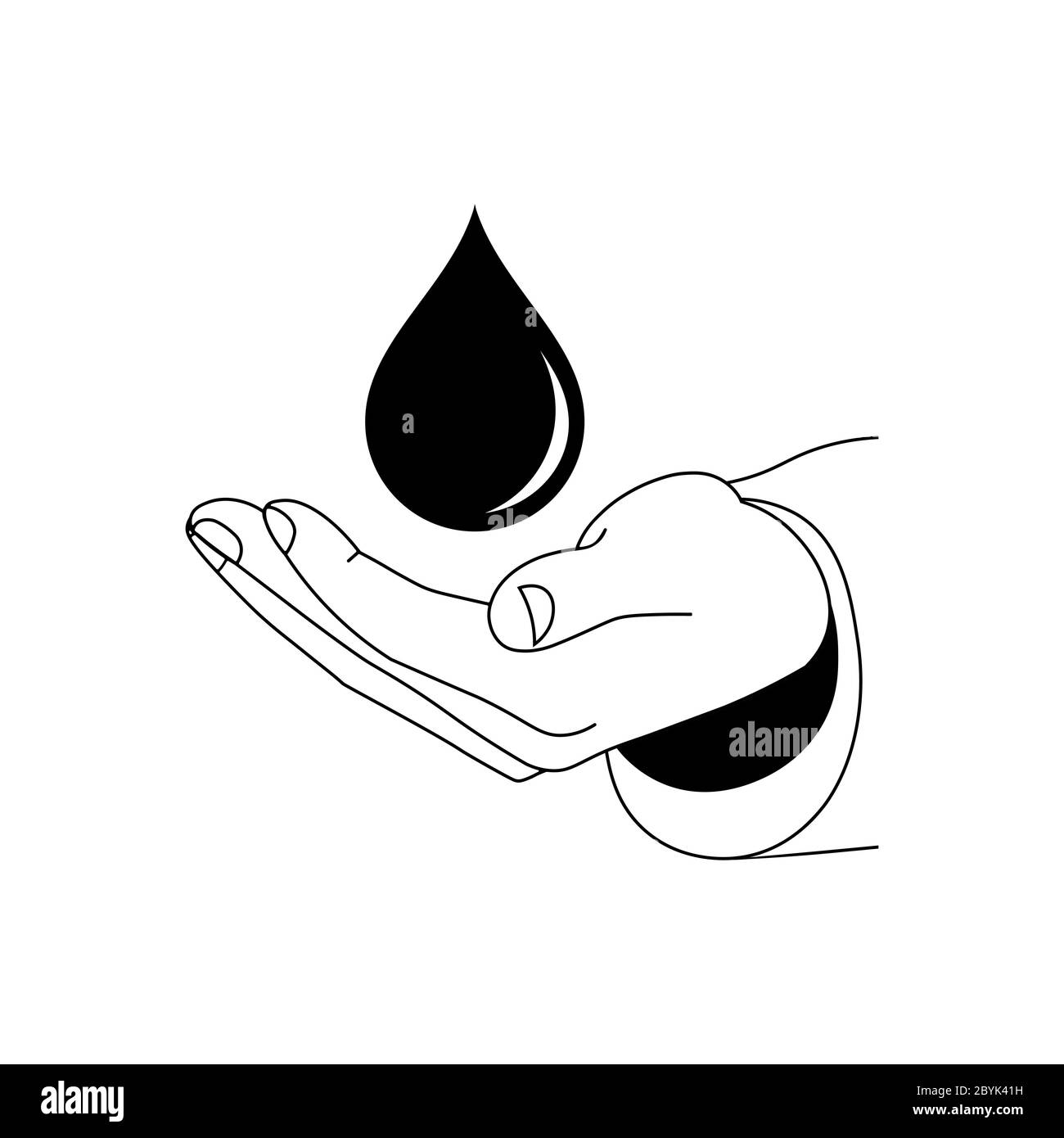 Main tenant l'eau de gouttelettes, la goutte d'essence ou le logo de l'icône de sang à plat en noir sur fond blanc isolé. Vecteur EPS 10. Illustration de Vecteur