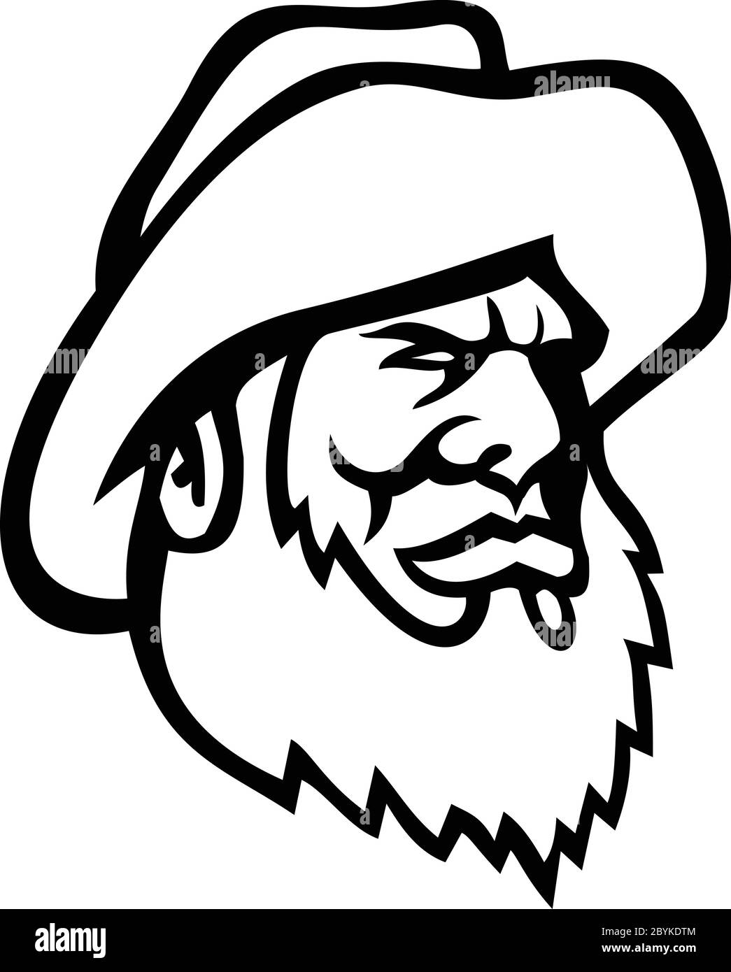 Mascotte icône illustration de la tête d'un pêcheur ancien ou pêcheur portant une barbe et un chapeau de seau jaune vu de côté sur fond isolé dans la BL rétro Illustration de Vecteur