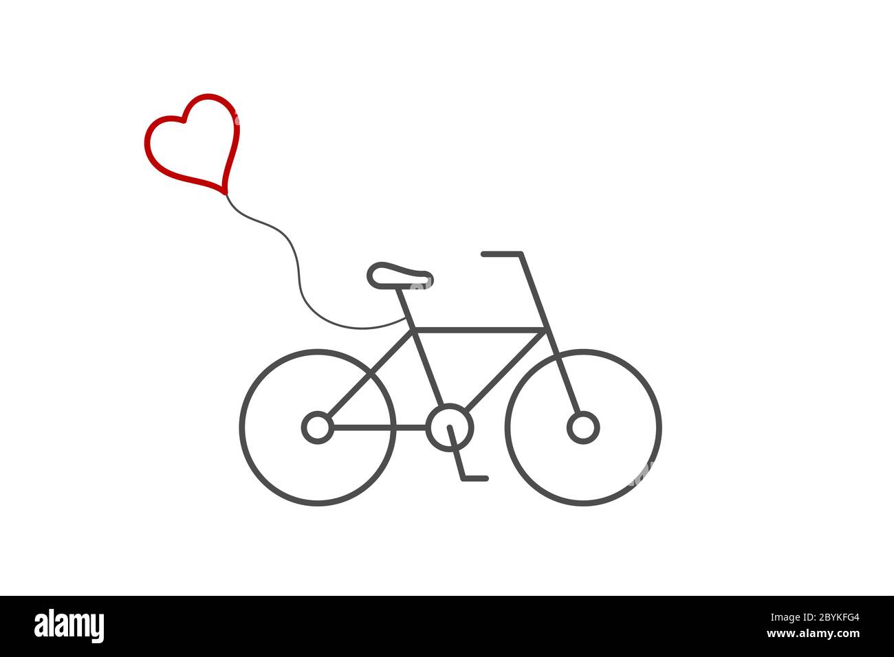 Vélo avec ballon en forme de cœur rouge. Icône de ligne. Idée de carte de Saint-Valentin. Joli vélo avec coeur volant. Motif T-shirt. Amour, mariage, idée romantique Illustration de Vecteur