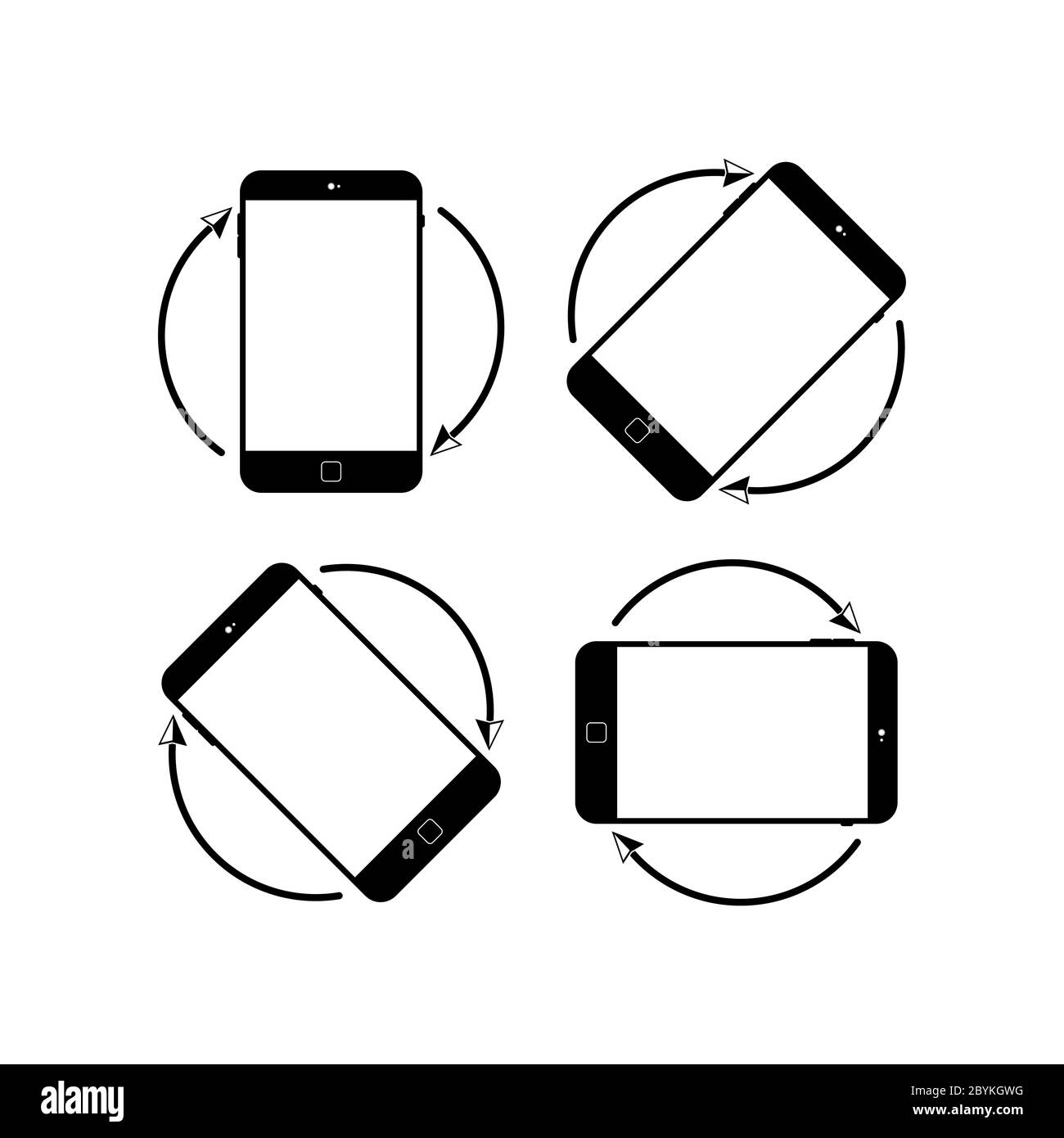Faire pivoter l'icône du smartphone en noir ou le symbole de rotation de l'appareil. Rotation de l'écran mobile. Rotation horizontale ou verticale sur un arrière-plan blanc isolé. EPS Illustration de Vecteur