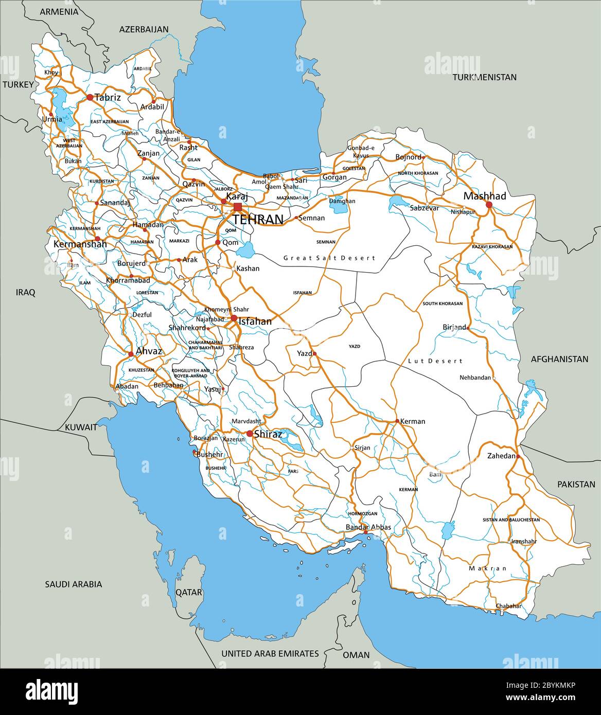 Feuille de route détaillée pour l'Iran avec étiquetage. Illustration de Vecteur