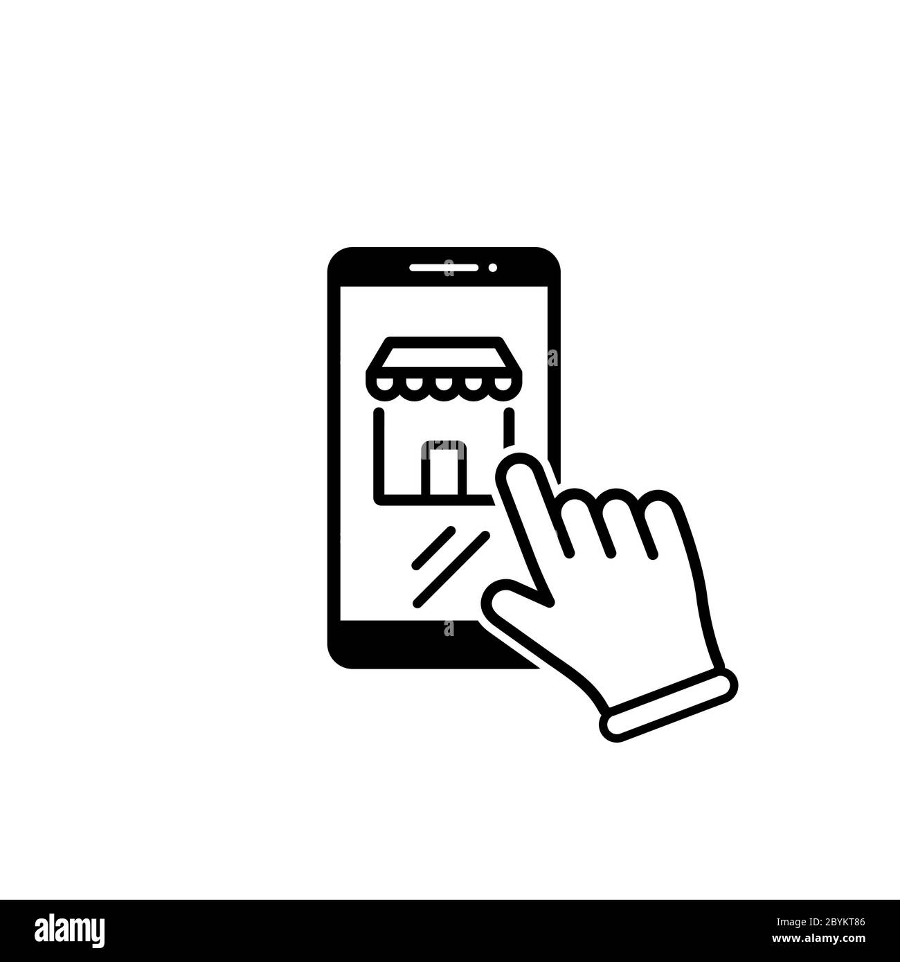 Achats en ligne, magasins. Le smartphone avec l'icône main. Le concept de marketing mobile sur un fond isolé. Vecteur EPS 10 Illustration de Vecteur