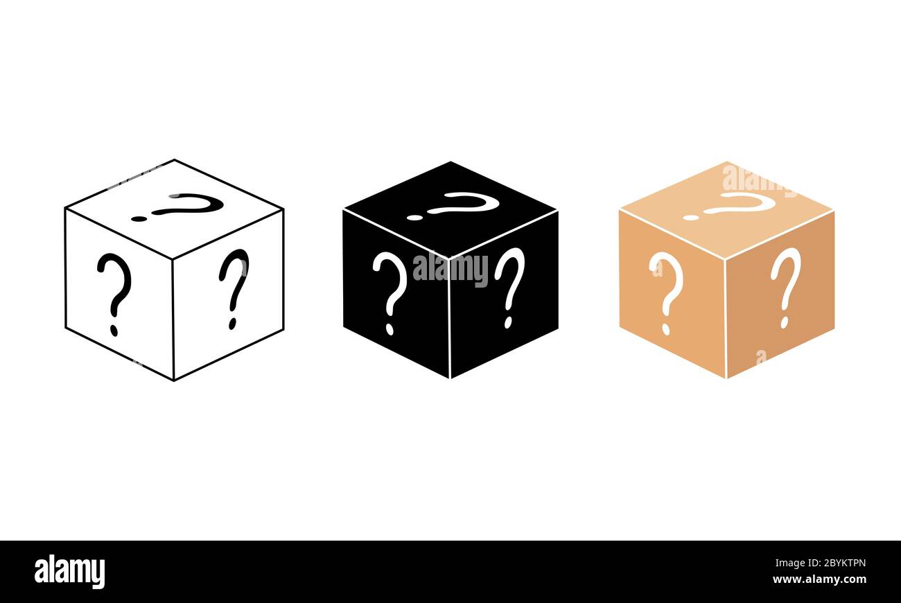Boîte mystère ou putin aléatoire dans le cube ou boîte cadeau avec ligne. Boîte, icône de paquet en blanc, noir, beige sur un fond blanc isolé. SPE 10 Illustration de Vecteur