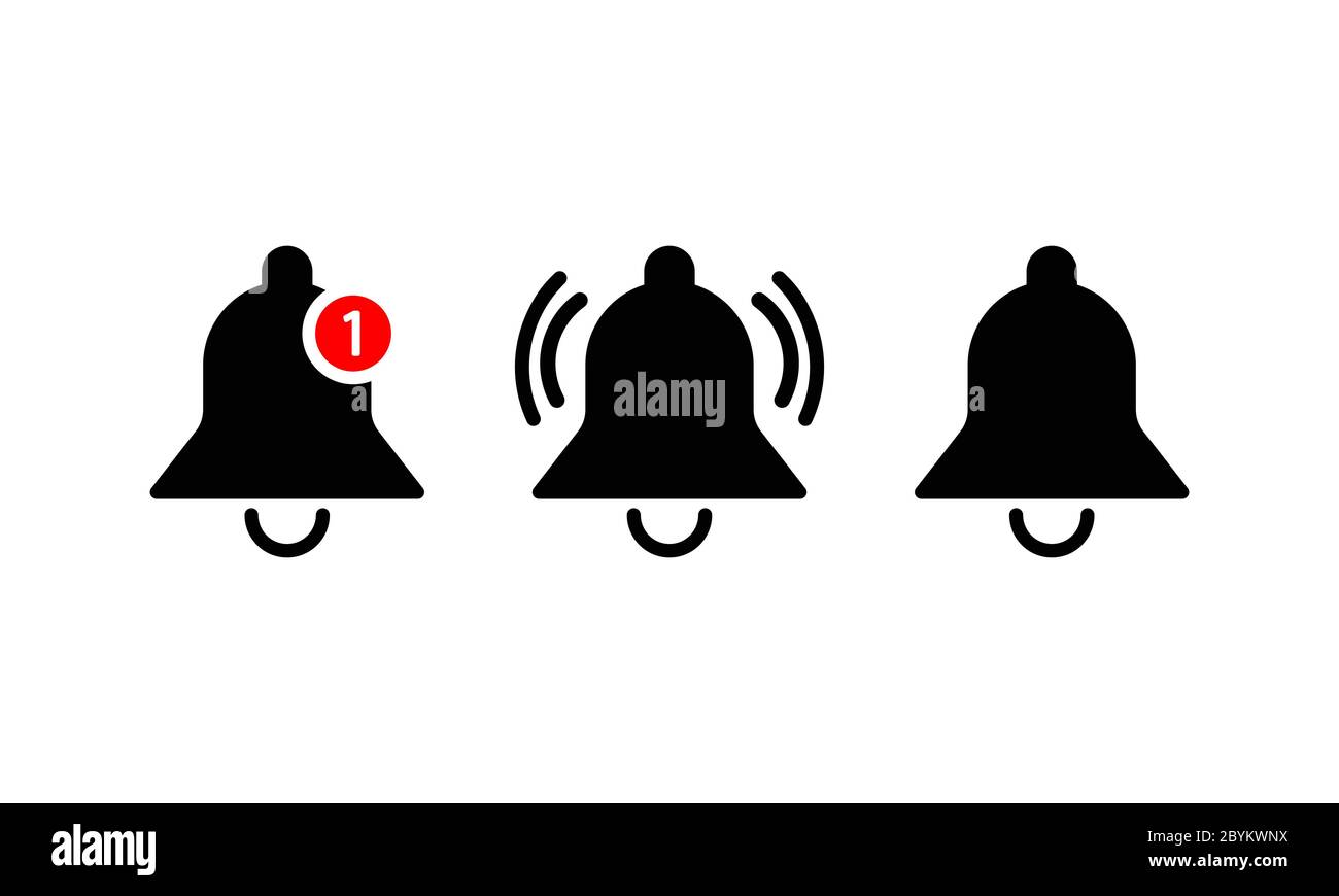 Modèle d'icône de notification en noir ou sonnerie, alarme. Symbole de l'interface de réseaux sociaux pour smartphone pour interface utilisateur d'application mobile icône simple sur blanc isolé Illustration de Vecteur