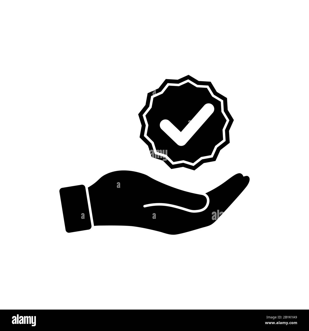 Mains tenant des coches ou des marques de service, garantie, garantie, icône approuvée en noir ou coche, croix coches plates sur fond blanc isolé. EPS Illustration de Vecteur
