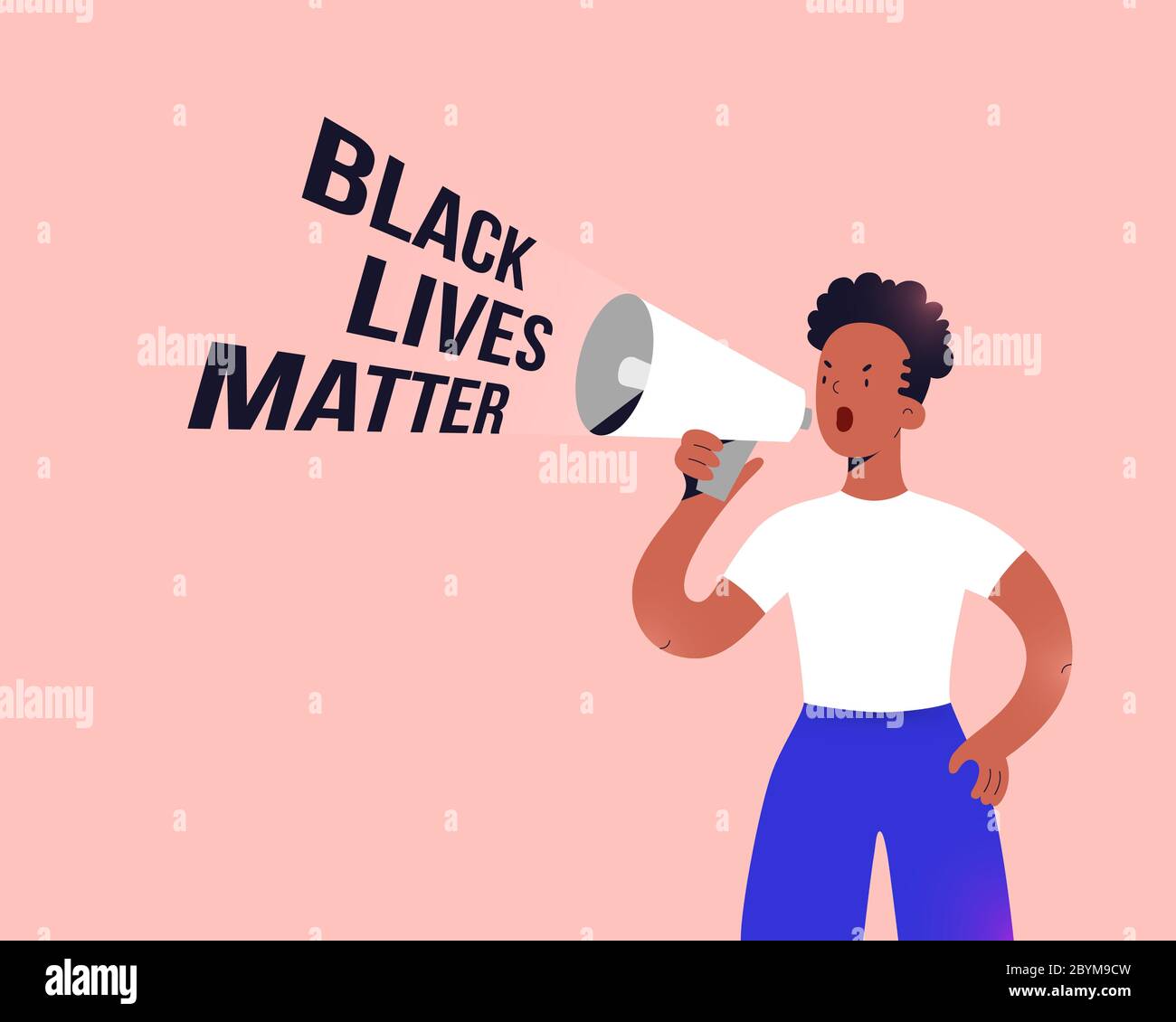 Black Lives Matter Protester, jeunes afro-américaines debout avec un megaphone et un slogan criant, luttant pour les droits de l'homme et l'égalité Illustration de Vecteur