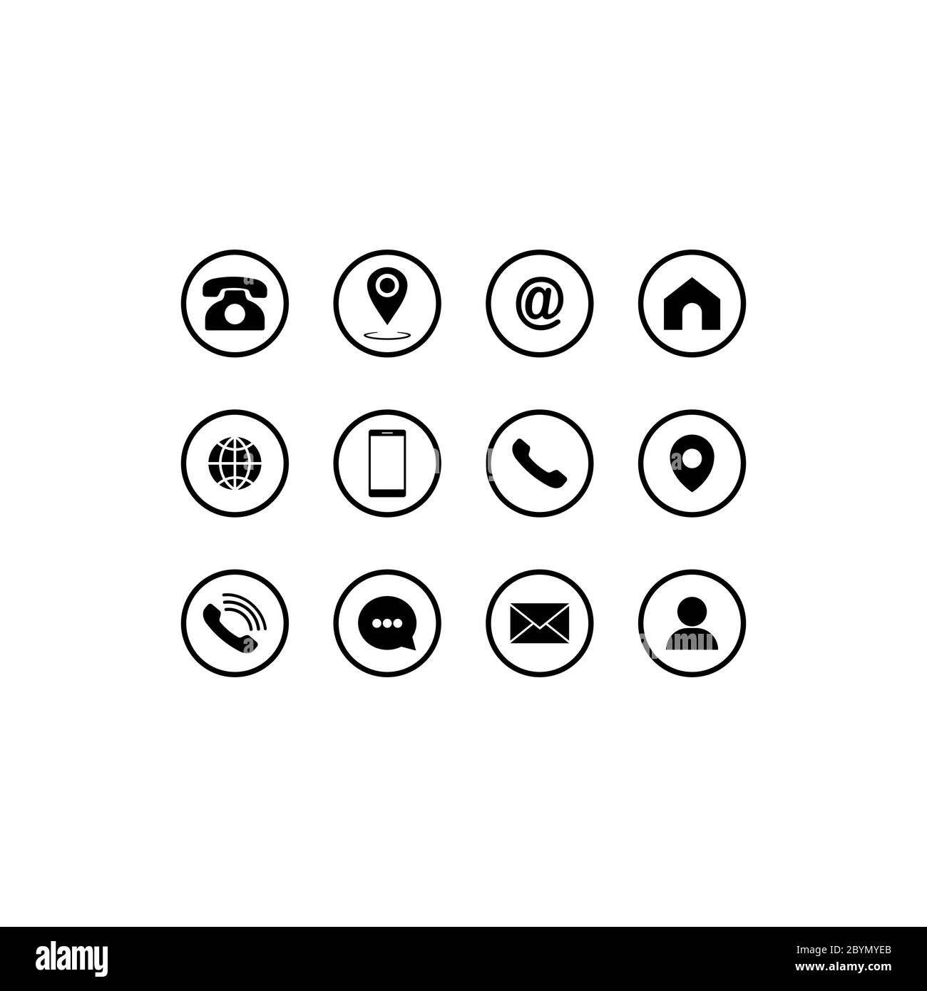 Ensemble d'icônes de communication. Symboles téléphone, téléphone mobile, téléphone rétro, emplacement, courrier et site Web sur un arrière-plan isolé pour les applications, le Web et les applications Illustration de Vecteur