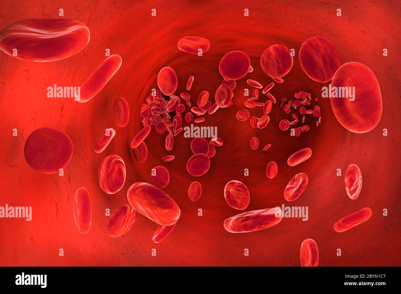 Illustration 3D de cellules de sang rouge cloured circulant dans un vaisseau sanguin Banque D'Images