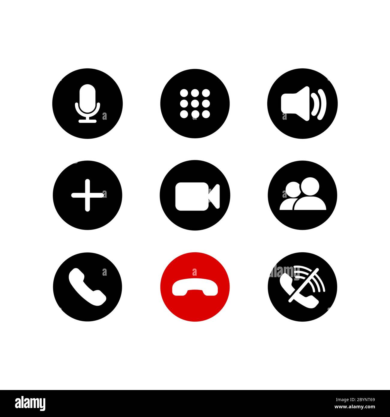 Icônes des boutons d'appel mobile réglées à plat. Téléphone, son, microphone, caméra, symboles d'appel sur fond blanc isolé pour les applications, le Web, les applications. Ensemble de Illustration de Vecteur