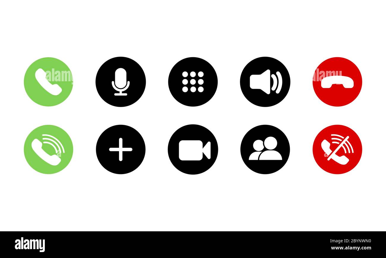 Icônes des boutons d'appel mobile réglées à plat. Téléphone, son, microphone, caméra, symboles d'appel sur fond blanc isolé pour les applications, le Web, les applications. Ensemble de Illustration de Vecteur