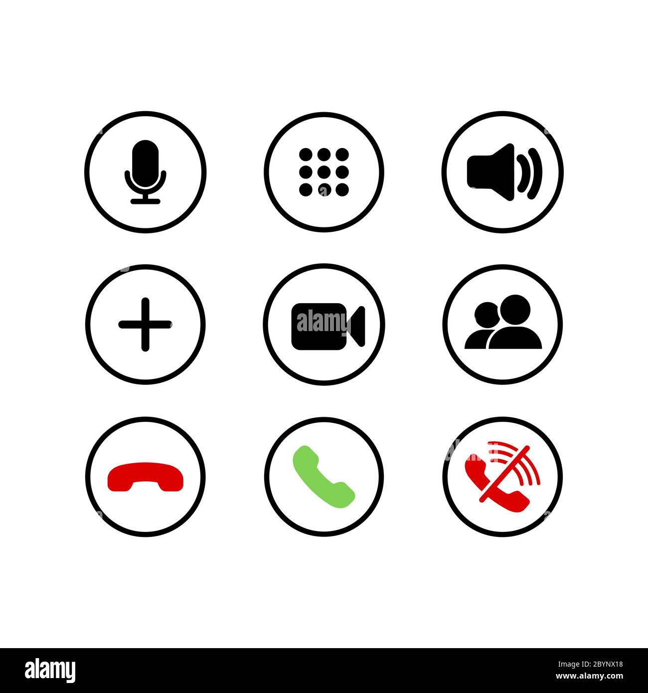 Icônes des boutons d'appel mobile réglées à plat. Téléphone, son, microphone, caméra, symboles d'appel sur fond blanc isolé pour les applications, le Web, les applications. Ensemble de Illustration de Vecteur