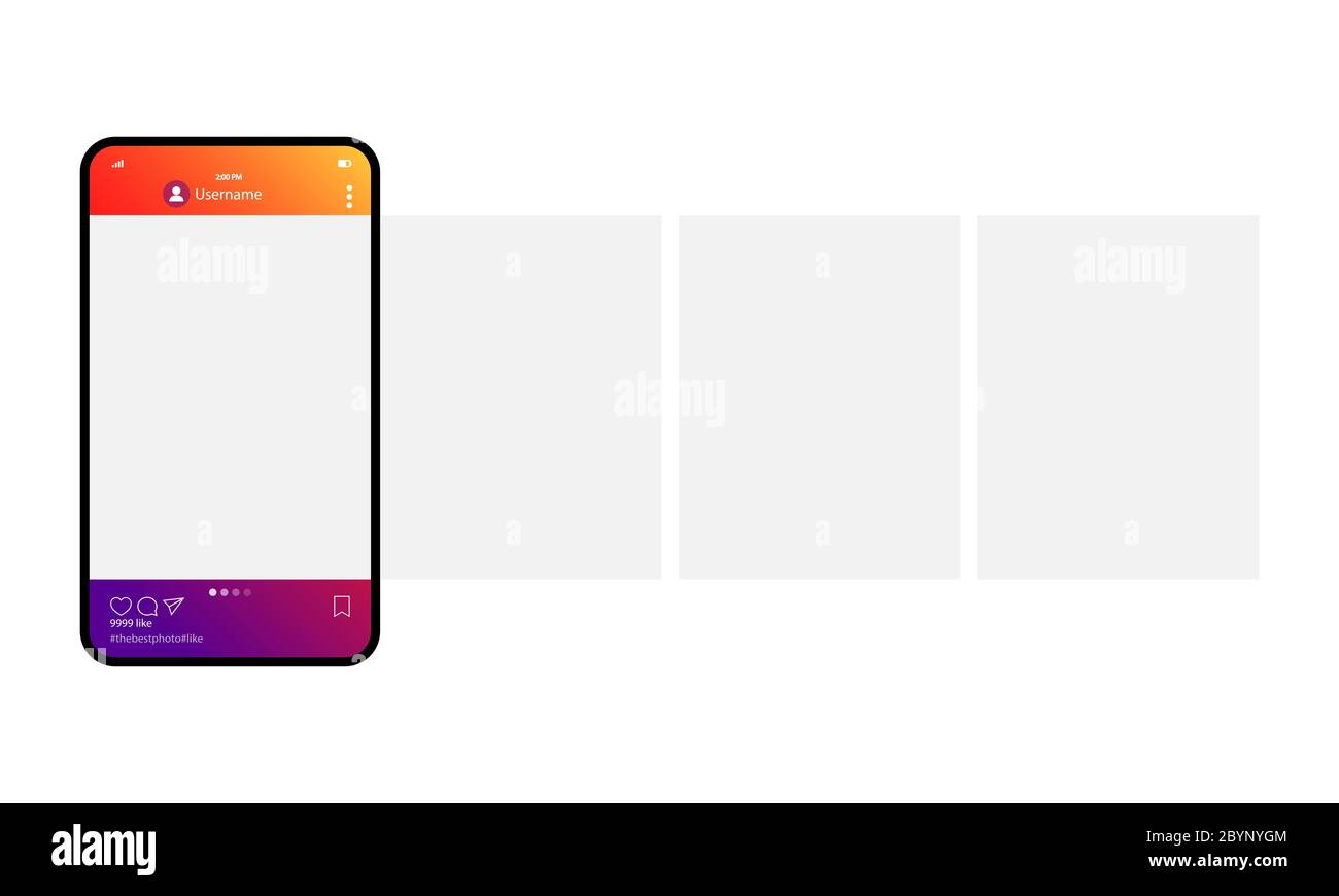 Maquette d'écran d'application de réseau mobile dans le concept instagram de médias sociaux ou modèle de page de messagerie réseau sur un arrière-plan blanc isolé. SPE 10 Illustration de Vecteur