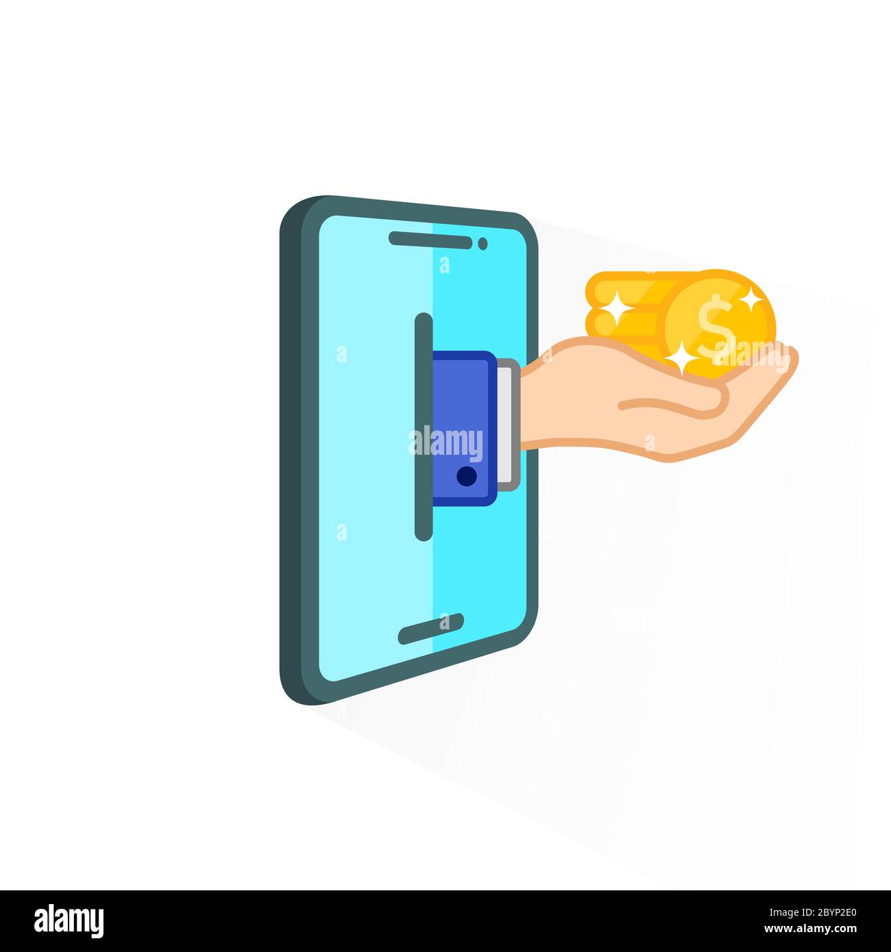 Main tenant achat de pièces électroniques virtuelles numériques bitcoins pour les capitalisations de crypto-monnaies. Argent, dollar sur fond blanc isolé. EPS Illustration de Vecteur