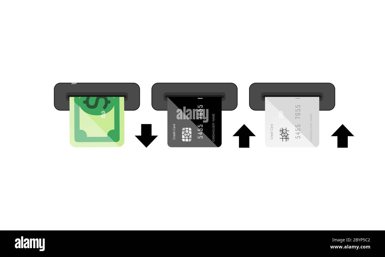 Insère la carte dans le distributeur automatique de billets et prend l'argent. Utilisation de la carte, concept d'utilisation du terminal. Vecteur sur fond blanc isolé. SPE 10 Illustration de Vecteur