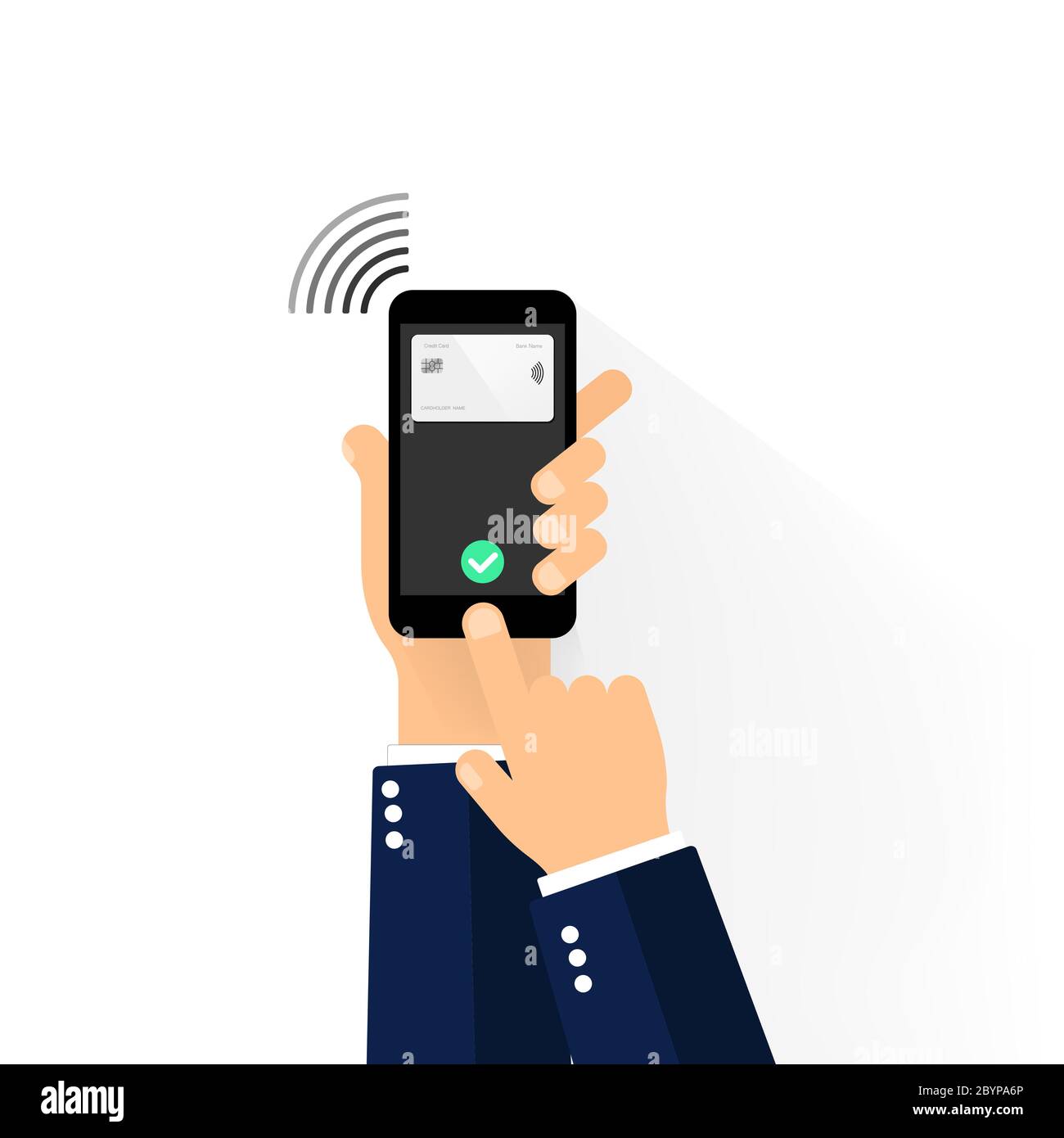 Tient le téléphone avec carte de crédit. Icône de paiement via la technologie NFC. Systèmes de paiement par carte sans contact sur fond isolé. Hopping en ligne avec Illustration de Vecteur