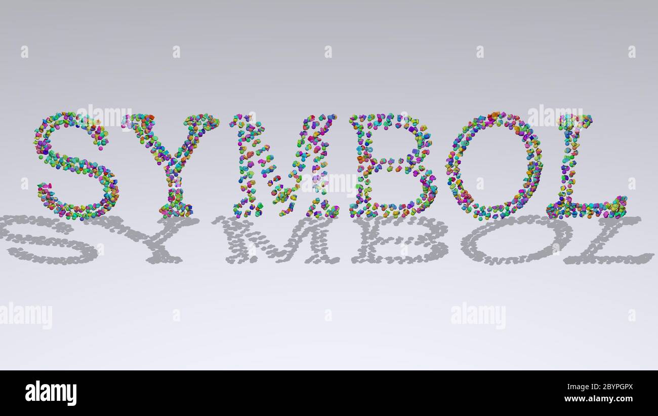 Symbole : illustration 3D du texte composé de petits objets sur un fond blanc avec des ombres Banque D'Images