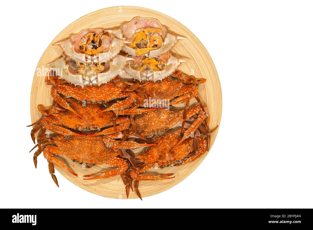 Crabe chaud frais sélectionnez une griffe de crabe sur une assiette avec sauce aux fruits de mer prête à servir sur fond blanc. Banque D'Images