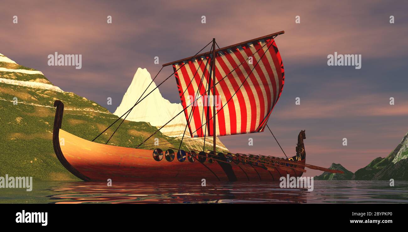 Bateau viking dans le fjord - les hommes viking naviguent sur leur bateau long le long d'un étroit canal entre les montagnes enneigées. Banque D'Images