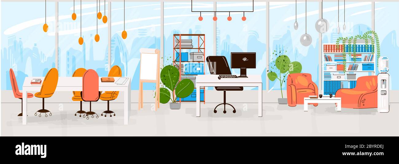 Vector Flat Collection of Creative Workplace with Modern Open Space and Vider Office Interior - Business and Contemporary Co-Working Illustrator. flat Illustration de Vecteur