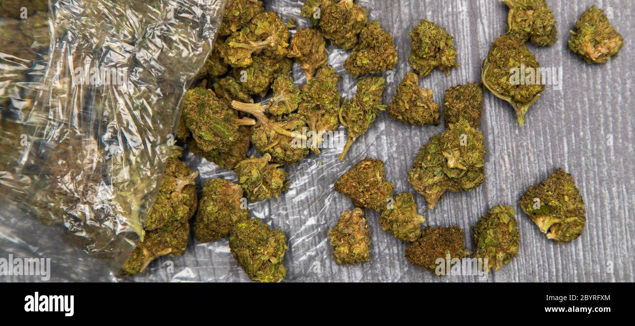 Les gros bourgeons de marijuana médicinale s'écoule d'un sac en plastique transparent. Assis sur une surface en bois. Banque D'Images