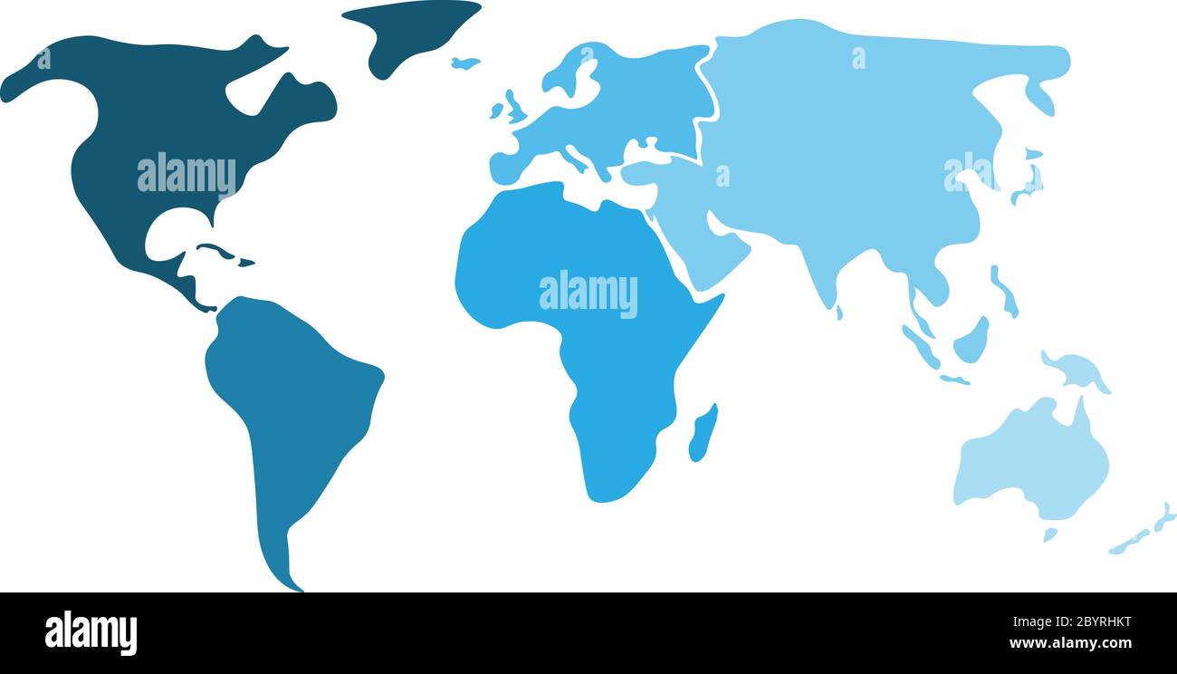 Carte du monde multicolore divisée en six continents dans différents shaders de bleu - Amérique du Nord, Amérique du Sud, Afrique, Europe, Asie et Australie Océanie. Carte vectorielle vide de silhouette simplifiée. Illustration de Vecteur