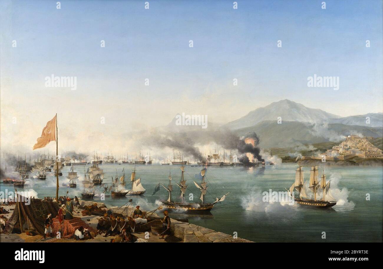 La bataille navale de Navarino (1827). Peinture par Ambroise Louis Garneray Banque D'Images