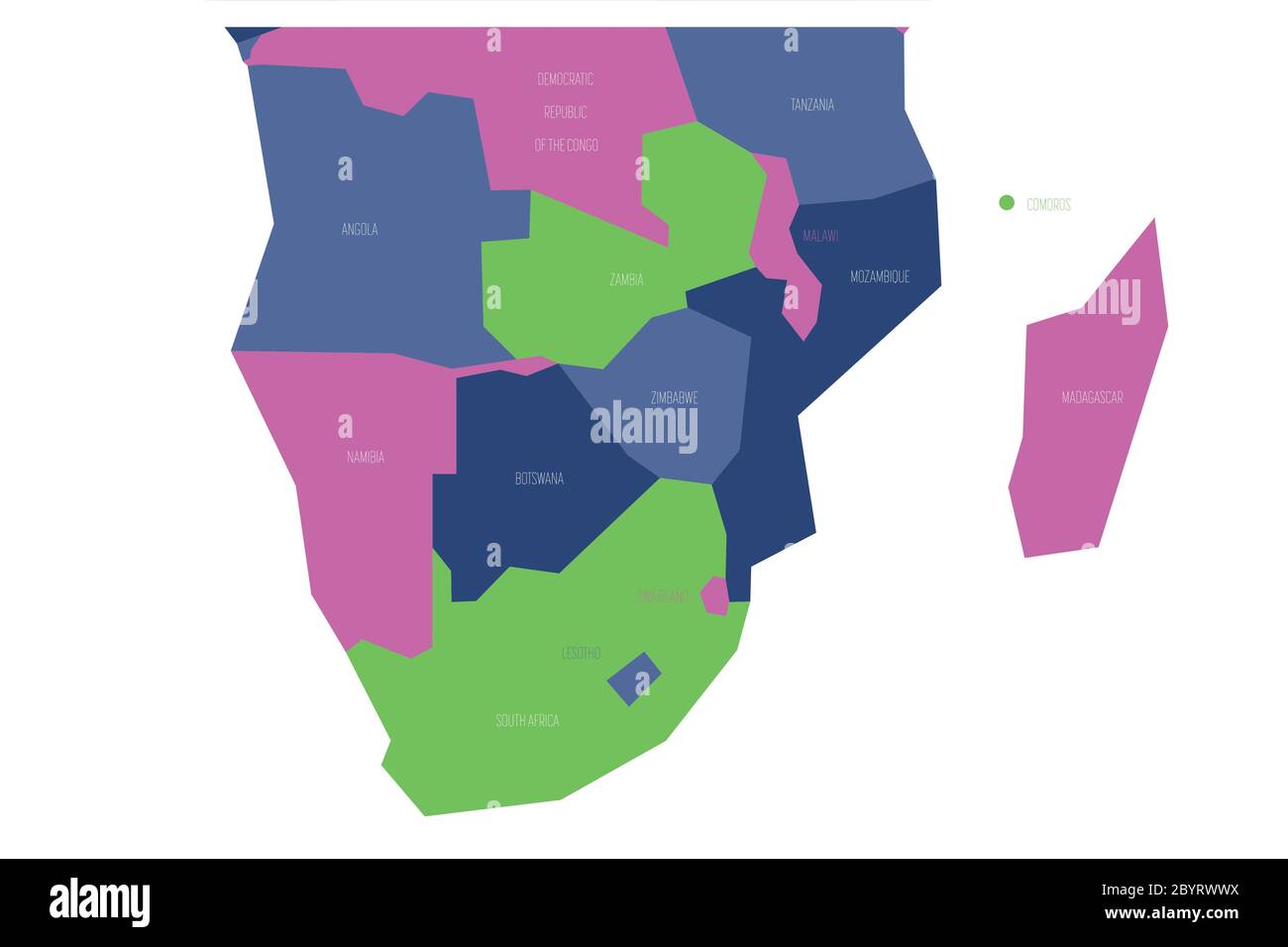 Carte politique de la région de l'Afrique australe. Carte vectorielle schématique Simlified en quatre couleurs. Illustration de Vecteur