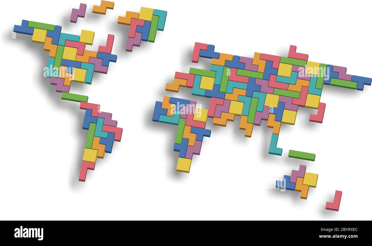 Mosaïque de la carte du monde de blocs colorés en 3D. Illustration vectorielle. Illustration de Vecteur
