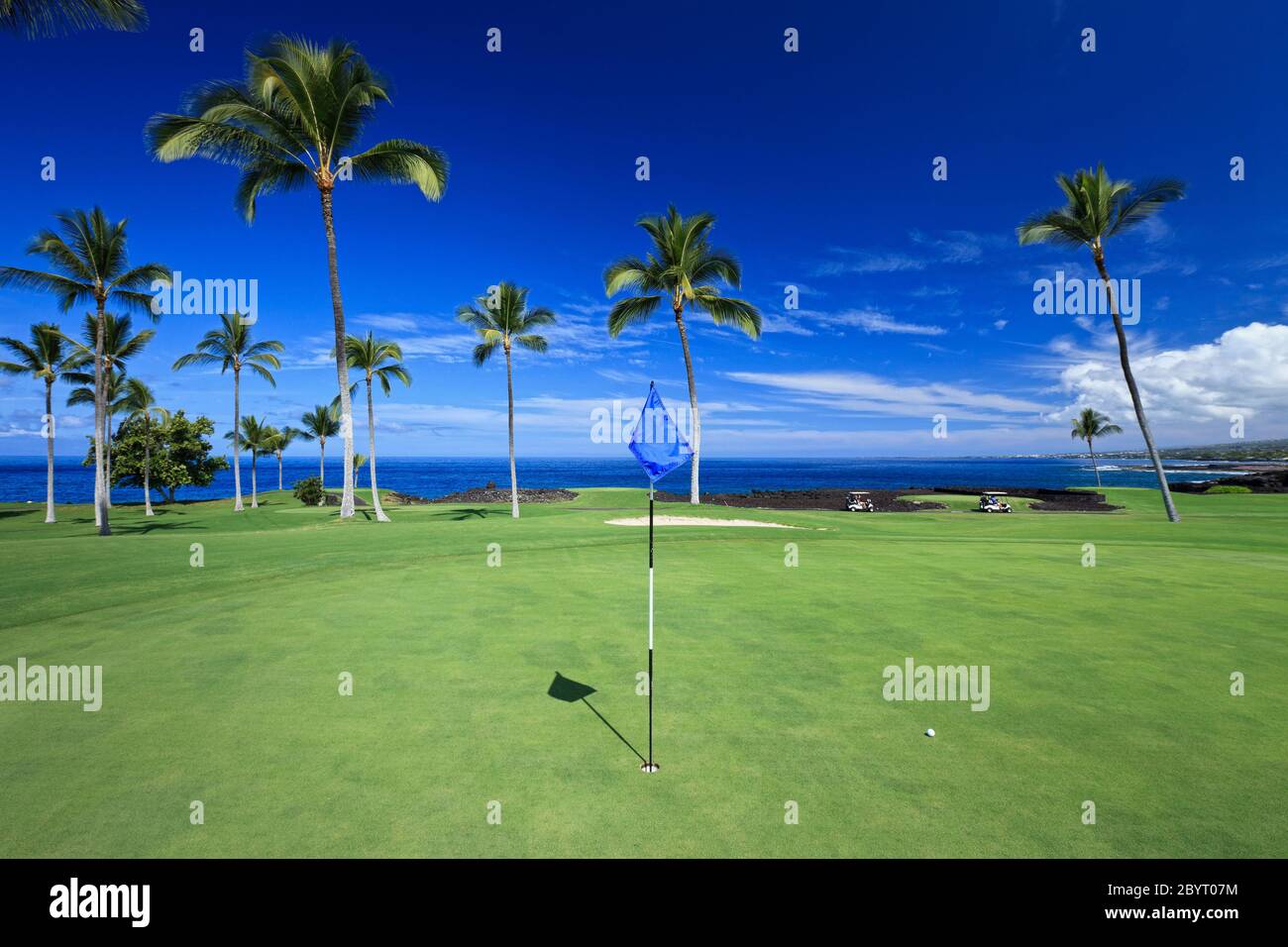 Golf vert, drapeau et palmiers de Kona Country Club Ocean course (propriété libérée) à Kona, Hawaï Banque D'Images