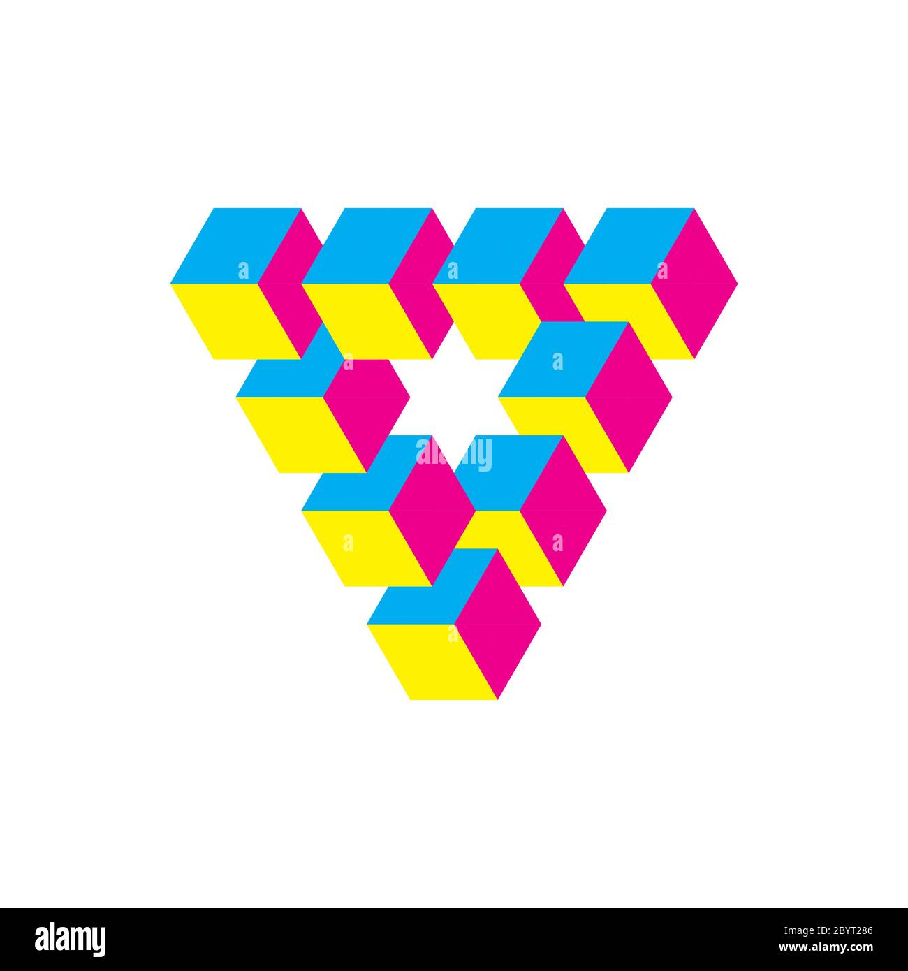 Triangle impossible dans les couleurs CMY. Cubes disposés comme illusion optique géométrique. Le bardeau de Reutersgard. Illustration vectorielle. Illustration de Vecteur