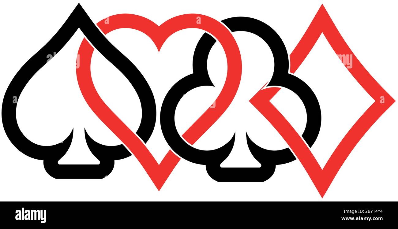 Combinaisons de cartes de poker - coeurs, clubs, spades et diamants - sur fond blanc. Illustration du vecteur de thème de jeu de casino. Les contours noirs et rouges se chevauchent partiellement. Illustration de Vecteur