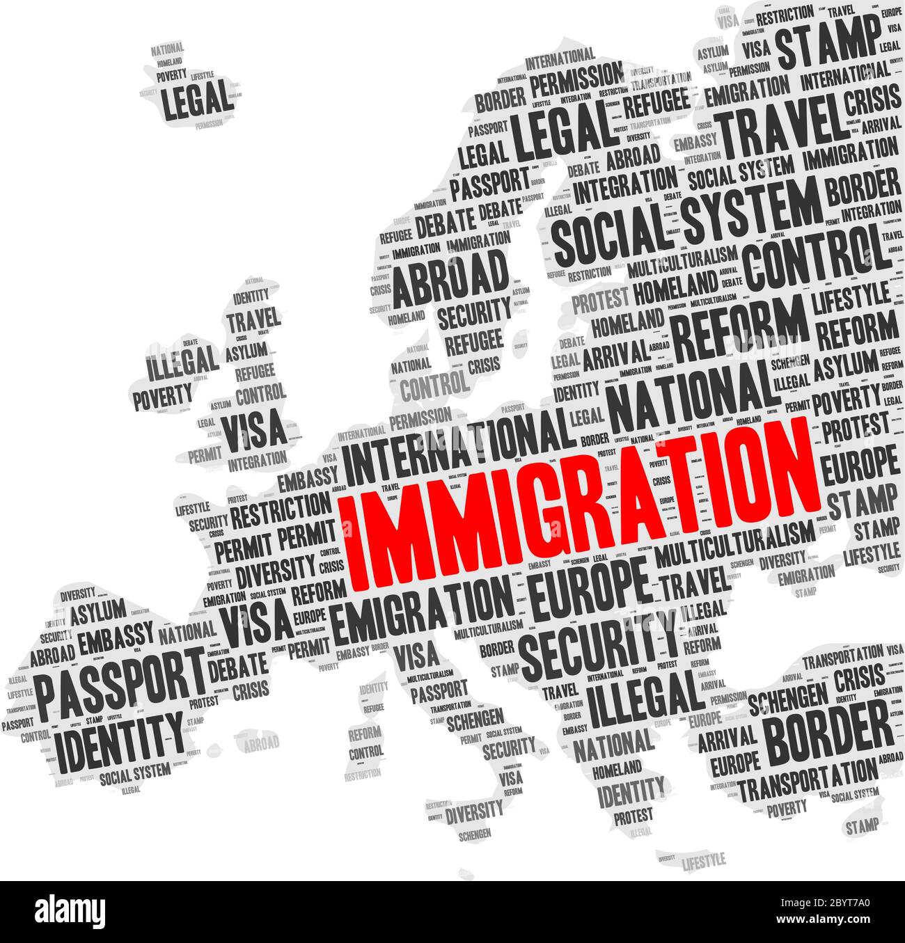 Le concept de nuage de mot d'immigration en forme de silhouette européenne Illustration de Vecteur