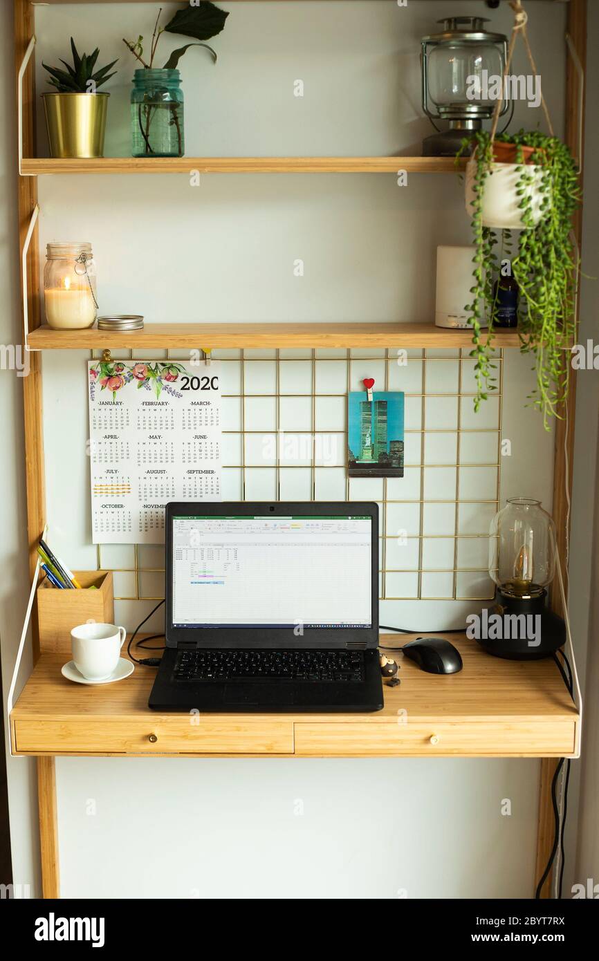 Petite station de bureau à distance, avec ordinateur portable, plantes de maison, tableau métallique, bougies et lampe de table. Tir vertical. Banque D'Images