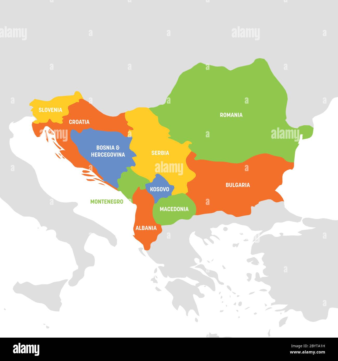 Région Europe du Sud-est. Carte des pays de la péninsule des Balkans. Illustration vectorielle. Illustration de Vecteur