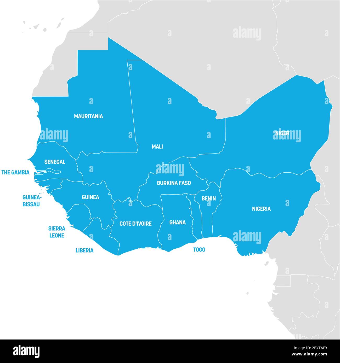 Les Pays De Afrique De Louest Région de l'Afrique de l'Ouest. Carte des pays d'Afrique de l'Ouest.  Illustration vectorielle Image Vectorielle Stock - Alamy