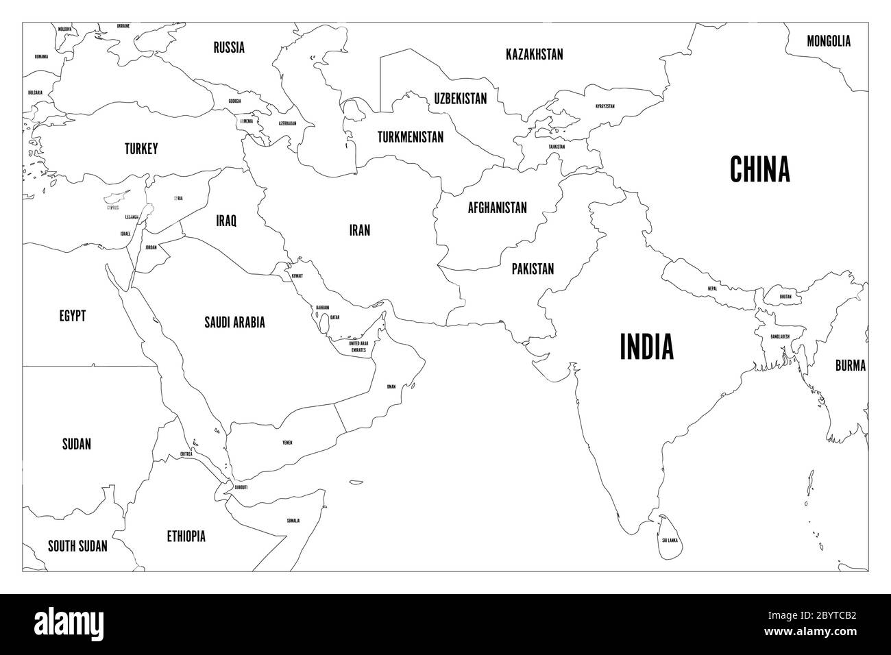 Carte politique des pays d'Asie du Sud et du Moyen-Orient. Carte vectorielle simple à vecteur plat avec étiquettes de nom de pays. Illustration de Vecteur