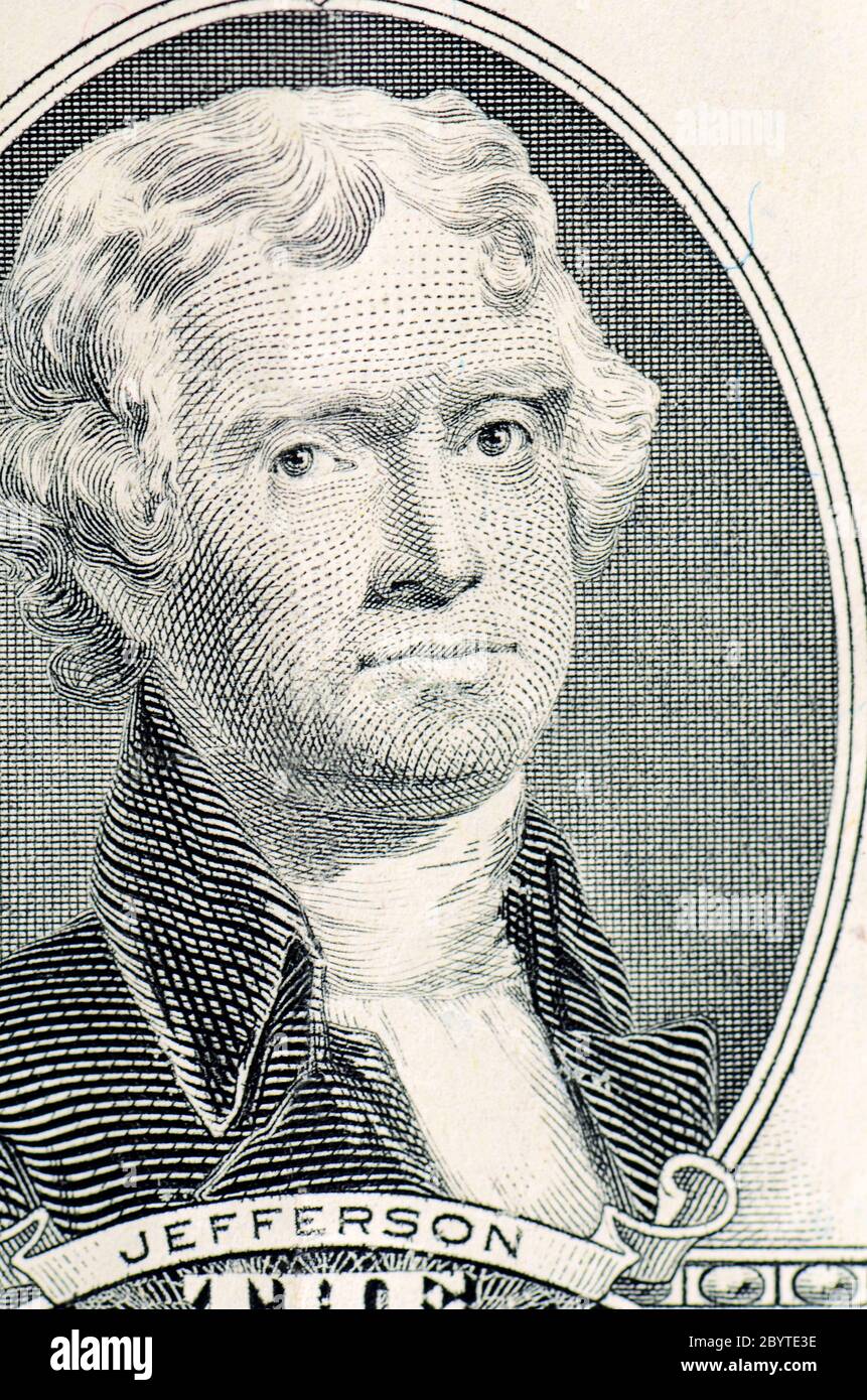 Le visage de Jefferson, la macro du dollar Banque D'Images