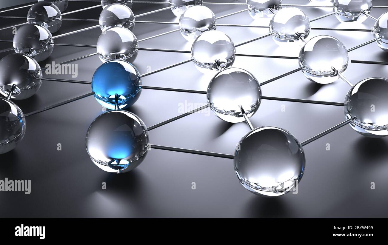 Sphères en verre transparent brillant connectées comme structure de réseau - 3D - Illustration Banque D'Images