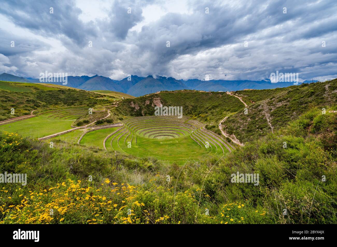 Terrasses circulaires Inca de Moray, site archéologique de la Vallée Sacrée des Incas, région de Cusco, Pérou, Amérique du Sud. Banque D'Images